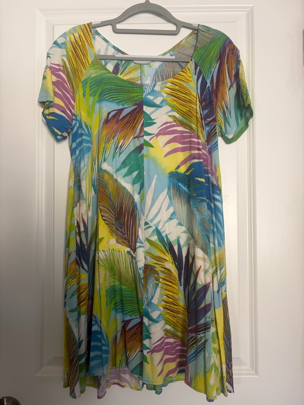 Jams World Tropical Leaf Print Dress in Blue, Green & Yellow Large 100%rayon